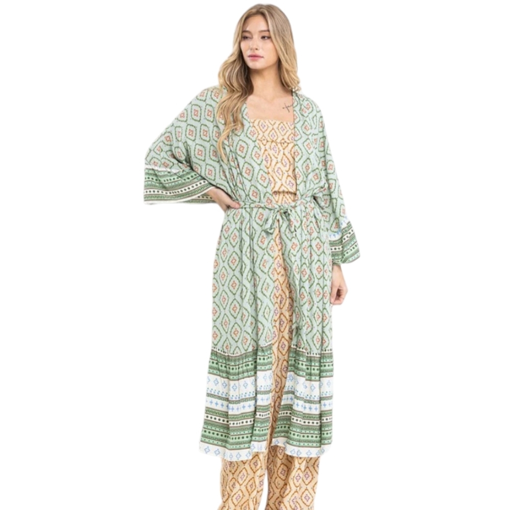 FEW LEFT Boho Ruffle Sleeve Tie Multi Print Sage Green Cardigan